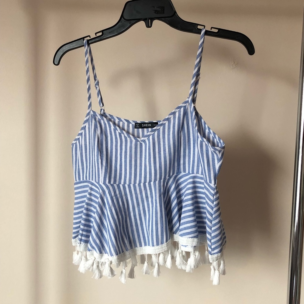 Shein Blue & White Striped Crop Top with Tassels